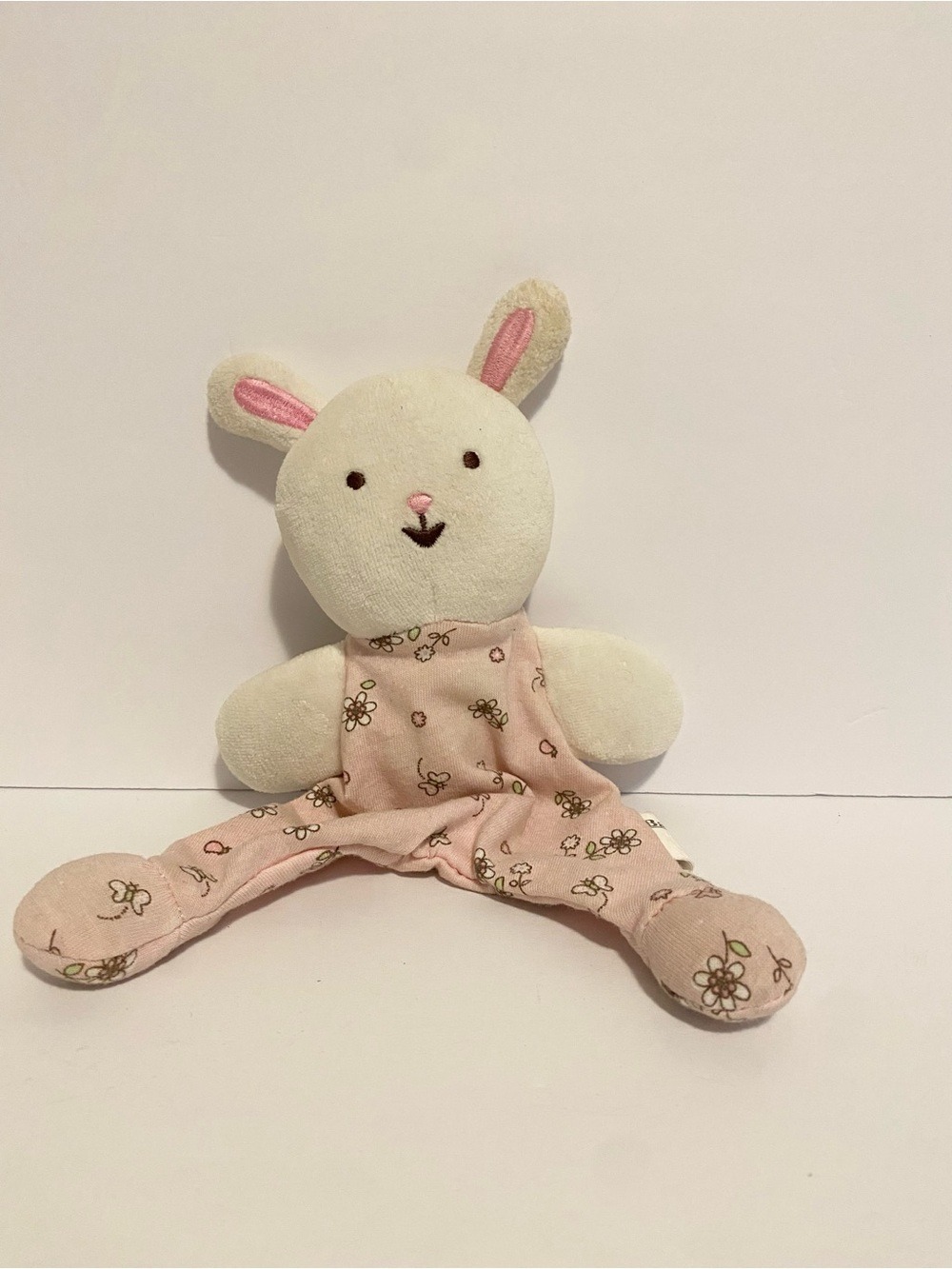 Baby Works Bunny Rabbit Lovey Plush White Pink Floral Floppy Stuffed Animal Toy
